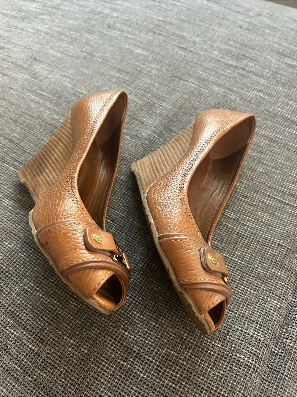 Tory Burch Women's Brown Leather Peep-Toe Wedges